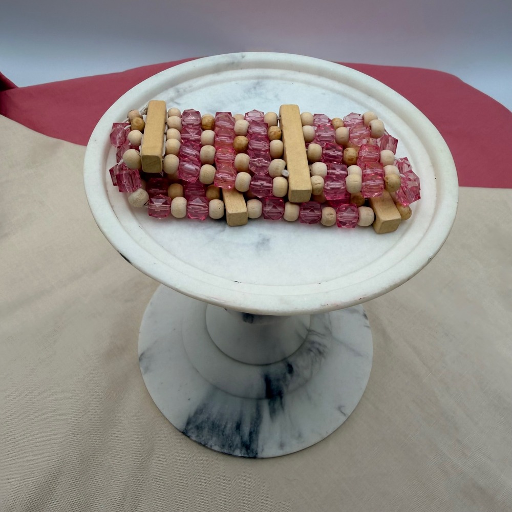 Boho Pink Cube and Natural Wood Bead Multi Strand Stretch Cuff Bracelet